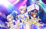  4girls anastasia_(idolmaster) audience black_hair blue_eyes blunt_bangs brown_hair concert game_asset gloves glowstick grey_hair hat hisakawa_nagi idol idolmaster idolmaster_cinderella_girls idolmaster_cinderella_girls_starlight_stage long_hair mini_hat multiple_girls official_art penlight_(glowstick) ponytail ribbon shirayuki_chiyo short_hair shorts stage stage_lights takamori_aiko white_gloves 