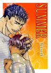  1boy 1girl ^_^ absurdres berserk black_hair border casca_(berserk) closed_eyes commentary_request copyright_name dark-skinned_female dark_skin flower guts_(berserk) highres hug kame_(jeycobsry) open_mouth orange_background outdoors scar scar_on_face scar_on_nose shirt short_hair smile sweatdrop white_border 