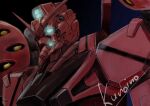  absurdres artist_name beam_cannon bit_(gundam) blue_background blue_eyes commentary_request extra_eyes glowing glowing_eyes gundam gundam_gquuuuuux highres kuroneko_koubou mecha mecha_focus mobile_suit no_humans red_gundam robot science_fiction signature solo v-fin zeon 