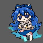  1girl bangle blue_eyes blue_hair blue_skirt bow bowl bracelet commentary_request deformed full_body gold_bangle grey_background grey_hoodie hair_bow holding holding_bowl hood hood_down hoodie jewelry long_hair lowres neneo_(ragnene1) open_mouth partial_commentary short_sleeves simple_background skirt solo standing touhou translation_request very_long_hair yorigami_shion 