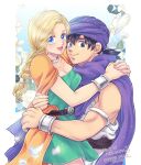  1boy 1girl armlet belt bianca_(dq5) black_hair blonde_hair blue_eyes bracelet braid breasts cape cleavage cloak closed_mouth commentary_request couple cowboy_shot dated defense_zero dragon_quest dragon_quest_v dress falling_petals flower green_dress hand_on_another's_waist hero_(dq5) hetero hug jewelry large_breasts long_hair looking_at_viewer low_ponytail neck_ring open_mouth orange_cape petals ponytail purple_cape purple_cloak purple_turban single_braid smile tunic turban twitter_username upper_body white_flower white_petals white_tunic 