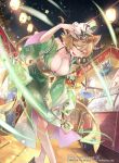  1girl animal_ears bag bagged_fish blush braid breasts brown_hair brown_tail cat_ears cat_girl cat_tail cleavage commentary_request copyright_notice crossed_legs fangs feuille_(z/x) fish fox_mask goldfish green_kimono hair_ornament highres holding_kinchaku japanese_clothes kimono kinchaku lantern large_breasts leaning_forward looking_at_viewer market_stall mask mask_on_head night official_art outdoors paper_lantern pouch side_braids solo star_(symbol) sweat tail watson_cross yue_ying_jin_feng yukata z/x 