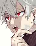  1boy bangs earrings fang grey_hair hair_between_eyes hand_up jewelry kuzuha_(nijisanji) looking_away male_focus mole mole_under_eye nijisanji pointy_ears red_eyes signature simple_background sofra solo tongue tongue_out turtleneck twitter_username upper_teeth virtual_youtuber white_background 