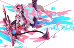  1girl absurdres asymmetrical_legwear bangs bare_shoulders blue_eyes blue_legwear closed_mouth dress floor full_body hair_between_eyes highres honkai_(series) honkai_impact_3rd horns long_hair long_sleeves looking_at_viewer mismatched_legwear paint_splatter pink_hair pink_legwear rozaliya_olenyeva rozaliya_olenyeva_(fervent_tempo) shadow shoes sneakers solo standing sword tail tail_ornament tsohg weapon white_dress 