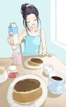  1girl :d black_hair blue_camisole camisole chair closed_eyes collarbone commentary cup drink_carton facing_viewer food hair_bun hand_on_table happy highres holding holding_drink_carton holding_milk_carton kamisaki_hikaru konnu_k2n lace-trimmed_camisole lace_trim medalist_(manga) milk milk_carton mug open_mouth pancake plate print_mug sitting smile solo 