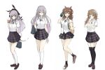  4girls ahoge alternate_costume alternate_eye_color angelina_(arknights) animal_ears arknights backpack bag black_bag black_eyes black_legwear black_ribbon black_skirt blush breasts brown_bag brown_footwear brown_hair buttons commentary dress_shirt drink envelope eyjafjalla_(arknights) fox_ears full_body grey_hair hair_between_eyes hairband headgear highres holding holding_bag holding_drink holding_envelope holding_phone horns kusunoki_(gwzx5574) long_hair looking_at_viewer love_letter medium_breasts multiple_girls open_mouth phone plaid plaid_skirt pleated_skirt red_hairband ribbon school_uniform sheep_ears sheep_girl sheep_horns shirt simple_background skadi_(arknights) skirt socks standing standing_on_one_leg tachi-e tail thighhighs untucked_shirt weedy_(arknights) white_background white_legwear white_shirt 