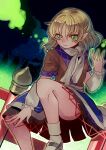  1girl blonde_hair commentary_request eyelashes green_eyes hayasaka_mebawe highres long_sleeves looking_at_viewer mizuhashi_parsee night outdoors pointy_ears shirt short_hair smile socks solo touhou white_shirt white_socks 
