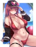  1girl arrow_through_heart ball bangs baseball_cap beach beachball bikini black_jacket blush border breasts earrings eyebrows_visible_through_hair eyewear_on_headwear groin hand_on_headwear hat heart heart-shaped_eyewear heart_earrings heart_necklace heterochromia highres hololive houshou_marine jacket jewelry large_breasts long_hair moisture_(chichi) navel off_shoulder official_alternate_costume red_eyes red_hair sand sitting solo straight_hair sunglasses swimsuit thigh_strap virtual_youtuber water wet white_border yellow_eyes 