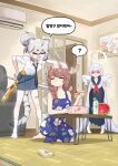  3girls ? animal_ear_fluff animal_ears antlers baseball_bat black_serafuku black_streaks blue_sailor_collar blush breasts brown_hair cleavage closed_eyes colored_eyebrows colored_eyelashes commentary_request deer_antlers deer_ears deer_girl diana_(trickcal) eating fang food fruit gold_halo hair_bun halo highres horns indoors korean_commentary large_breasts long_hair long_sleeves multicolored_hair multiple_girls neckerchief noogie open_mouth pleated_skirt red_eyes red_neckerchief sailor_collar school_uniform serafuku shirt sibeoji skirt smile spoken_question_mark streaked_hair striped_hair tail tig_(trickcal) tiger_ears tiger_girl tiger_tail trickcal uros_(trickcal) very_long_hair watermelon white_eyelashes white_hair white_tiger_print 