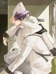  2boys absurdres backpack bag black_hoodie blue_lock duffel_bag hair_tie hakuho_high_school_uniform highres holding holding_hair_tie hood hoodie houndstooth hug jacket jacket_over_hoodie male_focus mikage_reo multiple_boys nagi_seishirou p2_ace purple_hair school_uniform white_hair white_jacket yaoi 