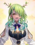  1girl breasts ceres_fauna cleavage earrings flower gem gold_trim gradient_hair green_hair hair_flower hair_ornament hair_over_one_eye hololive hololive_english imdrunkontea jewelry multicolored_hair simple_background solo standing upper_body virtual_youtuber yellow_eyes 