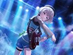  1girl bang_dream! bang_dream!_it's_mygo!!!!! beret black_hat blue_eyes blue_shorts concert from_behind game_asset guitar hat heterochromia holding holding_guitar holding_instrument holding_plectrum instrument kaname_raana looking_at_viewer looking_back official_alternate_costume official_art playing_guitar playing_instrument plectrum see-through_clothes see-through_sleeves short_hair shorts solo stage stage_lights standing third-party_source torn_clothes torn_shorts turning_head white_hair yellow_eyes 