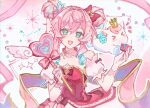  >_< 1girl :d aqua_eyes aqua_hair aqua_streaks bow character_name choker commentary detached_sleeves double-parted_bangs double_bun dress gloves gold_trim gradient_hair hair_bun hair_intakes heart_wand highres holding holding_wand honkai:_star_rail honkai_(series) hyacine_(honkai:_star_rail) hyacine_(warm_cotton_skies)_(honkai:_star_rail) little_ica_(honkai:_star_rail) looking_at_viewer multicolored_hair official_alternate_costume official_alternate_hairstyle pegasus pink_hair red_bow red_dress smile sparkle streaked_hair two-tone_dress upper_body wand white_choker white_dress white_gloves ya_uwu_x 
