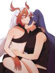  2girls absurdres alternate_costume bare_shoulders belly black_panties black_shirt black_shorts black_sports_bra blush breasts claw_ring claws colored_extremities commentary elbow_gloves estherart0 eyeliner fu_hua fu_hua_(fenghuang_of_vicissitude) gloves hair_between_eyes hand_on_another's_back hand_on_another's_stomach high_ponytail highres honkai_(series) honkai_impact_3rd long_hair low-tied_long_hair low_twintails makeup midriff multicolored_hair multiple_girls navel panties ponytail raiden_mei red_eyeliner red_eyes red_gloves red_hair red_hands red_scales scales shirt shorts simple_background sitting sitting_on_person sitting_on_thigh sleeveless small_breasts sports_bra sportswear streaked_hair symbol-shaped_pupils thighs twintails two-tone_hair underwear very_long_hair white_background white_hair yellow_pupils yuri 