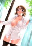  1girl areola_slip areolae blush breasts brown_hair brown_legwear clothes_pull collared_shirt commission cowboy_shot curtain_grab curtains dutch_angle highres koizumi_hanayo large_breasts looking_at_viewer love_live! love_live!_school_idol_project medium_hair naked_shirt open_mouth pantyhose pantyhose_pull purple_eyes shirt signature skeb_commission solo standing tachibana_roku wide-eyed wing_collar 