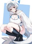  1girl absurdres black_eyes black_socks blue_archive blue_halo breasts cetacean_tail cleavage commentary fins fish_tail glasses halo highres kotone_(blue_archive) large_breasts looking_at_viewer one-piece_swimsuit round_eyewear see-through_clothes short_hair simple_background socks solo swimsuit tail thigh_focus thighs white_hair white_one-piece_swimsuit zako_ale 