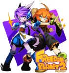  2girls ahoge anklet arm_guards armlet black_jumpsuit black_nose blue_boots blue_gloves blue_shorts boots chinese_knot commentary_request dog_girl dragon_girl dragon_horns earphones eyelashes floppy_ears freedom_planet freedom_planet_2 furry furry_female gloves green_eyes highres horns jewelry jumpsuit long_hair milla_basset multiple_girls orange_hair pink_eyes purple_hair sakurajyousui_nami sash_lilac shorts sleeveless_jumpsuit twintails water_dragon white_fur 