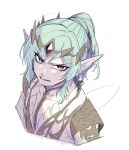  1boy androgynous aqua_hair colored_skin commentary_request dragon_quest dragon_quest_x ensu_(dq10) fairy_wings gem gold_tiara gold_trim highres looking_at_viewer looking_up male_focus open_mouth owl4u02 pink_skin pointy_ears ponytail red_eyes red_gem robe simple_background solo teeth upper_body white_background white_robe wings 