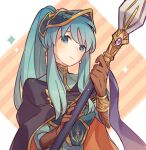  1girl alternate_costume alternate_hairstyle aqua_eyes aqua_hair armor bangs breastplate cape closed_mouth cosplay earrings eirika_(fire_emblem) ephraim_(fire_emblem) ephraim_(fire_emblem)_(cosplay) eyebrows_visible_through_hair fire_emblem fire_emblem:_the_sacred_stones fire_emblem_heroes gloves haconeri hair_ornament helm helmet holding holding_weapon jewelry lance long_hair looking_at_viewer official_alternate_costume polearm ponytail sidelocks smile solo upper_body weapon 