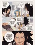  1boy 1girl black_hair blue_hair blush coat commentary english_text fairy_tail fingerless_gloves gajeel_redfox gloves headband highres levy_mcgarden rusky sidelocks smile speech_bubble 