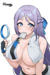  1girl bladeless_fan breasts commentary crop_top cropped_shirt fingerless_gloves folkwang_(nikke) food food_in_mouth gloves goddess_of_victory:_nikke hand_fan handheld_electric_fan highres holding holding_fan large_breasts long_hair melting_popsicle multicolored_gloves navel noorung open_clothes open_shirt popsicle popsicle_in_mouth purple_hair shirt sidelocks simple_background sleeveless sleeveless_shirt solo sweat untranslatable_commentary very_long_hair white_background white_shirt 