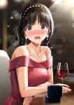  1girl alcohol bangs bare_shoulders black_hair blush breasts brick_wall collarbone cup dress drinking_glass eyebrows_visible_through_hair grey_eyes highres indoors long_hair looking_at_viewer medium_breasts mole mole_on_neck nijisanji nose_blush off-shoulder_dress off_shoulder oimo open_mouth red_dress ring_box sitting solo suzuka_utako table virtual_youtuber wavy_mouth wine wine_glass 