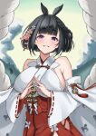  1girl alternate_hair_length_(shorter) animal_ears azur_lane bare_shoulders black_hair braid breasts commentary_request cowboy_shot daisen_(azur_lane) detached_sleeves hair_ornament hakama highres horse_ears horse_girl horse_print japanese_clothes large_breasts looking_at_viewer nontraditional_miko purple_eyes red_hakama rope shimenawa skirt smile solo soul_(dp11) wide_sleeves 