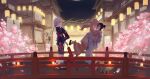  3girls ^_^ absurdres architecture black_sky black_socks blonde_hair braid braided_twintails bridge cherry_blossoms cho_kaguya-hime! closed_eyes commentary east_asian_architecture floating_hair from_side grey_hair hair_bun highres hug japanese_clothes kaguya_(cho_kaguya-hime!) kimono lantern lifting_person long_hair looking_at_another multiple_girls night open_mouth orange_hair outdoors paper_lantern profile runami_yachiyo sakayori_iroha single_hair_bun sky smile socks straight_hair twintails unikat92 white_kimono yuri 