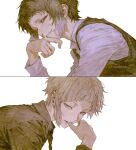  2boys akutagawa_ryuunosuke_(bungou_stray_dogs) black_shirt black_vest blood bungou_stray_dogs closed_mouth dress_shirt highres male_focus multiple_boys nakajima_atsushi_(bungou_stray_dogs) necktie nikoeqo nosebleed parted_lips shirt short_hair simple_background single_sidelock teeth vest waistcoat white_background white_hair white_shirt 