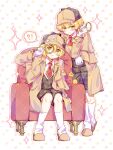  !? 1boy 1girl :3 absurdres acharlotte_0214 alternate_costume baby_animal bird blonde_hair blush brown_coat brown_shorts brown_slippers brown_vest chick coat collared_shirt commentary deerstalker detective don_quixote_(project_moon) drop_shadow floral_background gloves hat highres holding holding_magnifying_glass in_container limbus_company long_sleeves looking_at_viewer magnifying_glass matching_outfits necktie outline plaid_clothes plaid_shorts plaid_vest project_moon red_necktie shirt short_hair shorts simple_background sinclair_(project_moon) sitting slippers smile socks sparkle spoken_interrobang vest white_background white_gloves white_shirt white_socks yellow_eyes 