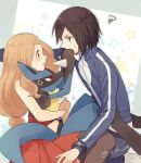  1boy 1girl anger_vein blonde_hair blush bracelet breasts brown_hair calem_(pokemon) closed_mouth commentary_request eye_contact gen_4_pokemon high-waist_skirt jacket jewelry long_hair looking_at_another lucario pants pleated_skirt pokemon pokemon_(creature) pokemon_(game) pokemon_xy red_eyes red_skirt serena_(pokemon) shirt short_hair skirt sleeveless sleeveless_shirt socks spikes squiggle sweatdrop thighhighs twitter_username white_legwear yairo_(sik_s4) yellow_fur 