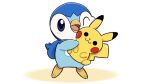  blue_eyes blush character_doll commentary_request doll gen_1_pokemon gen_4_pokemon holding holding_doll no_humans official_art one_eye_closed open_mouth pikachu piplup pokemon pokemon_(creature) project_pochama smile standing toes tongue 