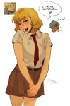 2girls blush brown_skirt buck_teeth commentary cowboy_shot english_commentary english_text freckles genderswap genderswap_(mtf) half-closed_eyes hat heart highres multiple_girls necktie personification red_necktie reference_inset shirt short_sleeves signature simple_background skirt sleepymocha sneezing solo_focus spongebob_squarepants spongebob_squarepants_(series) squidward_tentacles teeth white_background white_hat white_shirt yuri 