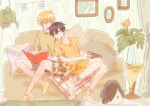 2boys absurdres alternate_costume antenna_hair bangs_(omori) basil_(faraway)_(omori) basil_(omori) black_eyes black_hair blonde_hair blush book book_on_lap breast_pocket brown_shirt brown_shorts character_doll chiaki143 chinese_commentary closed_eyes closed_mouth collared_shirt commentary_request couch doll double-parted_bangs green_sweater hair_between_eyes hanging_plant highres holding holding_book indoors long_sleeves male_focus multiple_boys omori on_couch open_book photo_(object) plant pocket potted_plant reading shirt short_hair shorts sidelocks sitting smile socks stuffed_toy sunny_(omori) sweater vase white_socks 