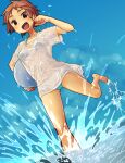  1girl :d ball barefoot beach bikini blue_bikini blue_sky blush brown_eyes brown_hair cloud commentary dutch_angle english_commentary foreshortening halterneck holding holding_ball looking_at_viewer looking_down ocean open_mouth original running see-through shirt short_hair sky smile solo splashing swimsuit t-shirt tessaku_ro very_short_hair wading water water_drop wet wet_clothes wet_shirt 