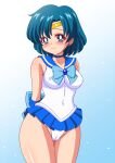  1girl arms_behind_back bangs bishoujo_senshi_sailor_moon blue_choker blue_eyes blue_hair blue_sailor_collar blue_skirt blush bow breasts cameltoe choker cleft_of_venus closed_mouth commentary_request covered_navel covered_nipples diadem earrings elbow_gloves gloves gradient gradient_background highleg highres jewelry leotard leotard_peek looking_at_viewer magical_girl microskirt mizuno_ami navel parted_bangs sailor_collar sailor_mercury sailor_senshi_uniform short_hair skirt smile solo syakegohan3 thighs tiara 