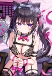  1girl animal_ears arm_strap artist_name bell black_bra black_hair black_thighhighs bound bound_wrists bow bow_earrings bra breasts cat_ears cat_girl cat_tail chain chain_leash cleavage closed_mouth collar collarbone commentary_request cuffs earrings frown garter_belt grey_bow hair_bow hair_ornament hair_ribbon handcuffs highres jewelry jingle_bell large_breasts leash long_hair looking_at_viewer miwa_uni navel neck_bell no_shoes original pink_bow pink_ribbon purple_eyes ribbon sitting solo sweatdrop tail tail_ornament tail_ribbon thighhighs tile_floor tiles twintails underwear wariza wrist_ribbon x_hair_ornament 