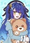  1girl :d ahoge amamiya_kokoro amamiya_kokoro_(1st_costume) blue_background blue_dress blue_hair blush brown_hat brown_ribbon commentary_request dress fang frilled_sleeves frills hair_intakes hair_ribbon hat heart highres hinohari_(user_wzxk7585) holding holding_stuffed_toy juliet_sleeves long_hair long_sleeves looking_at_viewer nijisanji open_mouth puffy_sleeves ribbon skin_fang smile solo stuffed_animal stuffed_toy teddy_bear twintails upper_body yellow_eyes 