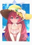  1girl absurdres blue_archive blue_halo blush breasts commentary_request frilled_one-piece_swimsuit frills halo hat highres iroha_(blue_archive) iroha_(swimsuit)_(blue_archive) long_hair looking_at_viewer medium_breasts noger_(hibiki2542) one-piece_swimsuit pink_one-piece_swimsuit purple_eyes smile solo straw_hat swimsuit very_long_hair 