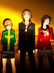  1boy 2girls amagi_yukiko black_hair black_pants brown_eyes brown_hair cardigan gakuran hairband hanamura_yousuke hands_in_pockets headphones headphones_around_neck highres houndstooth multiple_girls official_art orange-framed_eyewear pants pantyhose persona persona_4 persona_4:_kiri_no_amnesia red_cardigan red_hairband satonaka_chie school_uniform skirt soejima_shigenori third-party_source yasogami_school_uniform yellow-framed_eyewear 