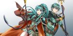  1boy 1girl absurdres armor bangs belt blue_armor blue_eyes blue_hair blue_skirt breastplate brother_and_sister brown_gloves cape closed_mouth cosplay earrings eirika_(fire_emblem) ephraim_(fire_emblem) ephraim_(fire_emblem)_(cosplay) fire_emblem fire_emblem:_the_sacred_stones fire_emblem_heroes gloves hair_between_eyes hair_ornament helm helmet highres jewelry kakiko210 looking_at_viewer open_mouth pauldrons polearm ponytail red_cape shoulder_armor siblings skirt smile spear thighhighs twins weapon 