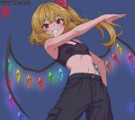  1girl alternate_costume black_pants black_sports_bra blonde_hair blue_background blush breasts cargo_pants casual commentary contemporary crystal crystal_wings english_commentary flandre_scarlet grin hair_between_eyes hand_in_pocket highres long_hair looking_at_viewer midriff multicolored_wings navel one_side_up pants pointy_ears red_eyes shirenai simple_background small_breasts smile solo sports_bra touhou wings 