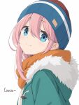  1girl absurdres ai-generated artist_name bad_id bad_pixiv_id blue_eyes blue_hat coat commentary_request coucou~ french_text from_side fur_trim green_coat hat highres kagamihara_nadeshiko long_hair looking_at_viewer orange_scarf pink_hair scarf simple_background solo straight_hair upper_body white_background winter_clothes winter_coat yurucamp 