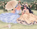  2girls black_hair blonde_hair book bow dress dress_belt flower grass highres holding holding_book holding_umbrella multiple_girls original parasol park picnic princess summer tiffanymarsou umbrella 