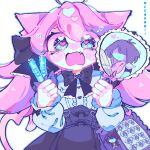  1girl alternate_costume animal_ears aqua_eyes badge bag black_bow black_bowtie blush bow bowtie button_badge cat_ears cat_girl cat_tail character_charm charm_(object) collared_shirt commentary deltarune english_commentary fang frilled_hand_fan glowstick hair_bow heart heart-shaped_blush_stickers heart-shaped_pupils highres holding holding_glowstick itabag keoromii kris_(dark_world)_(deltarune) kris_(deltarune) long_sleeves mad_mew_mew open_mouth pink_hair pink_tail purple_bag shirt solo symbol-shaped_pupils tail twintails utdr_(toby_fox) white_shirt 