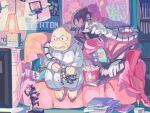  1boy 1girl ade_ri_00b alphys android bad_id bad_pixiv_id black_hair book buck_teeth couch figure food glasses lamp mad_mew_mew mechanical_arms mettaton mettaton_(box) mettaton_ex on_couch popcorn poster_(object) reptile_girl robot_boy round_eyewear sweat teeth undertale utdr_(toby_fox) watching_television 