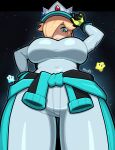  1girl absurdres black_gloves blonde_hair blue_eyes breasts clothes_around_waist commentary covered_navel from_below gloves hair_over_one_eye hat highres jacket jacket_around_waist large_breasts looking_at_viewer looking_down luma_(mario) mario_(series) mario_kart mario_kart_world muds official_alternate_costume pants rosalina rosalina_(pro_racer) shirt solo tight_clothes tight_shirt 