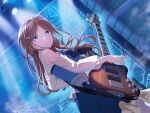  1girl bang_dream! bang_dream!_it's_mygo!!!!! bass_guitar blue_eyes blue_skirt brown_hair closed_mouth concert dutch_angle earrings game_asset holding holding_bass_guitar holding_instrument indoors instrument jewelry long_hair nagasaki_soyo official_alternate_costume official_art see-through_clothes see-through_sleeves skirt smile solo stage stage_lights third-party_source 