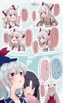  3girls black_eyes black_hair blue_dress blue_hat blush bow closed_eyes collared_shirt commentary dress embarrassed fujiwara_no_mokou glowstick grey_hair hair_bow hat highres holding holding_glowstick houraisan_kaguya kamishirasawa_keine long_hair long_sleeves mokoiscat multiple_girls multiple_hair_bows open_mouth pants pink_shirt puff_of_air red_eyes red_pants shirt short_sleeves smile speech_bubble suspenders sweatdrop thought_bubble torn_clothes torn_sleeves touhou translated very_long_hair white_shirt white_wrist_cuffs wide_sleeves wrist_cuffs writing 