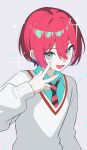  1girl :d absurdres amate_yuzuriha aqua_eyes aqua_shirt commentary grey_background gundam gundam_gquuuuuux hair_between_eyes highres long_sleeves looking_at_viewer necktie open_mouth red_hair schneid0124 school_uniform shirt short_hair smile solo striped_clothes striped_necktie sweater upper_body w white_sweater wing_collar 